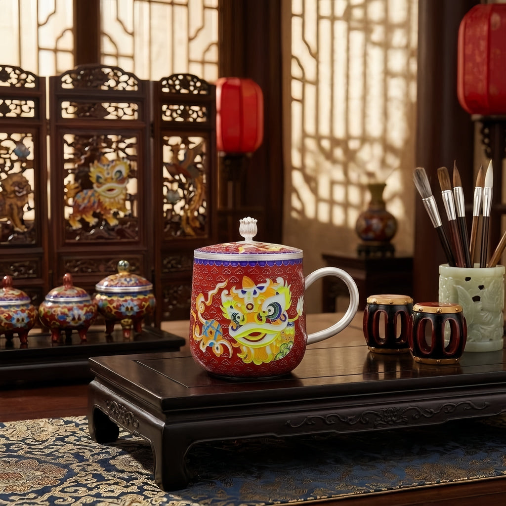 Pure 999 Fine Silver Chinese Lion Dance Enamel Mug: Traditional Artistry and Cultural Heritage-Premium Indigo Tea Mug - Handicraft