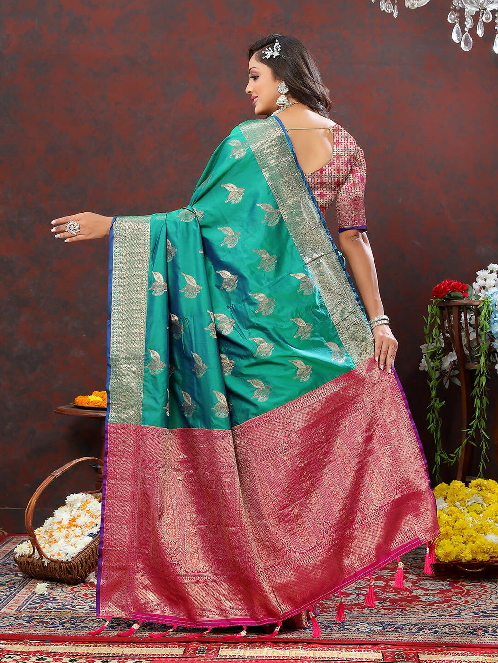 Teal Soft Silk Saree with Zari Weaving and Elegant Drape