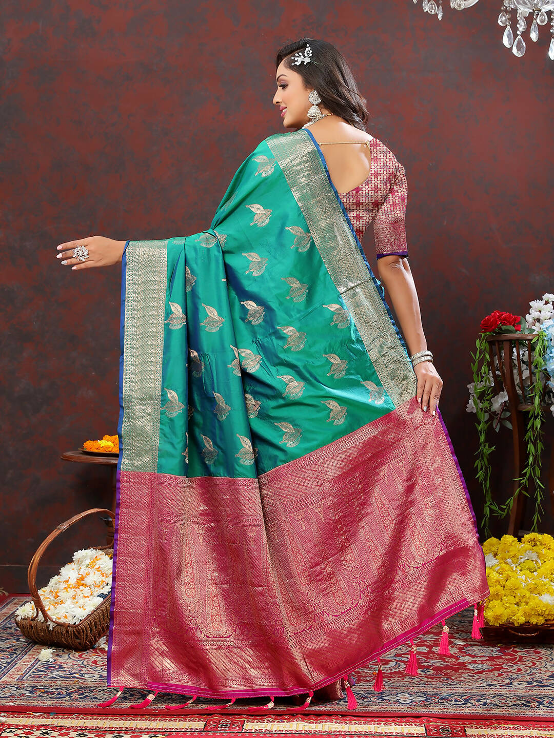 Teal Soft Silk Saree with Zari Weaving and Elegant Drape