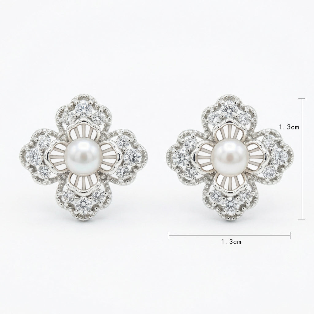 925 Sterling Silver Elegant Floral Pearl and Sparkling Accent Stud Earrings in White Metal