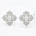 925 Sterling Silver Elegant Floral Pearl and Sparkling Accent Stud Earrings in White Metal