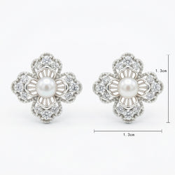 925 Sterling Silver Elegant Floral Pearl and Sparkling Accent Stud Earrings in White Metal
