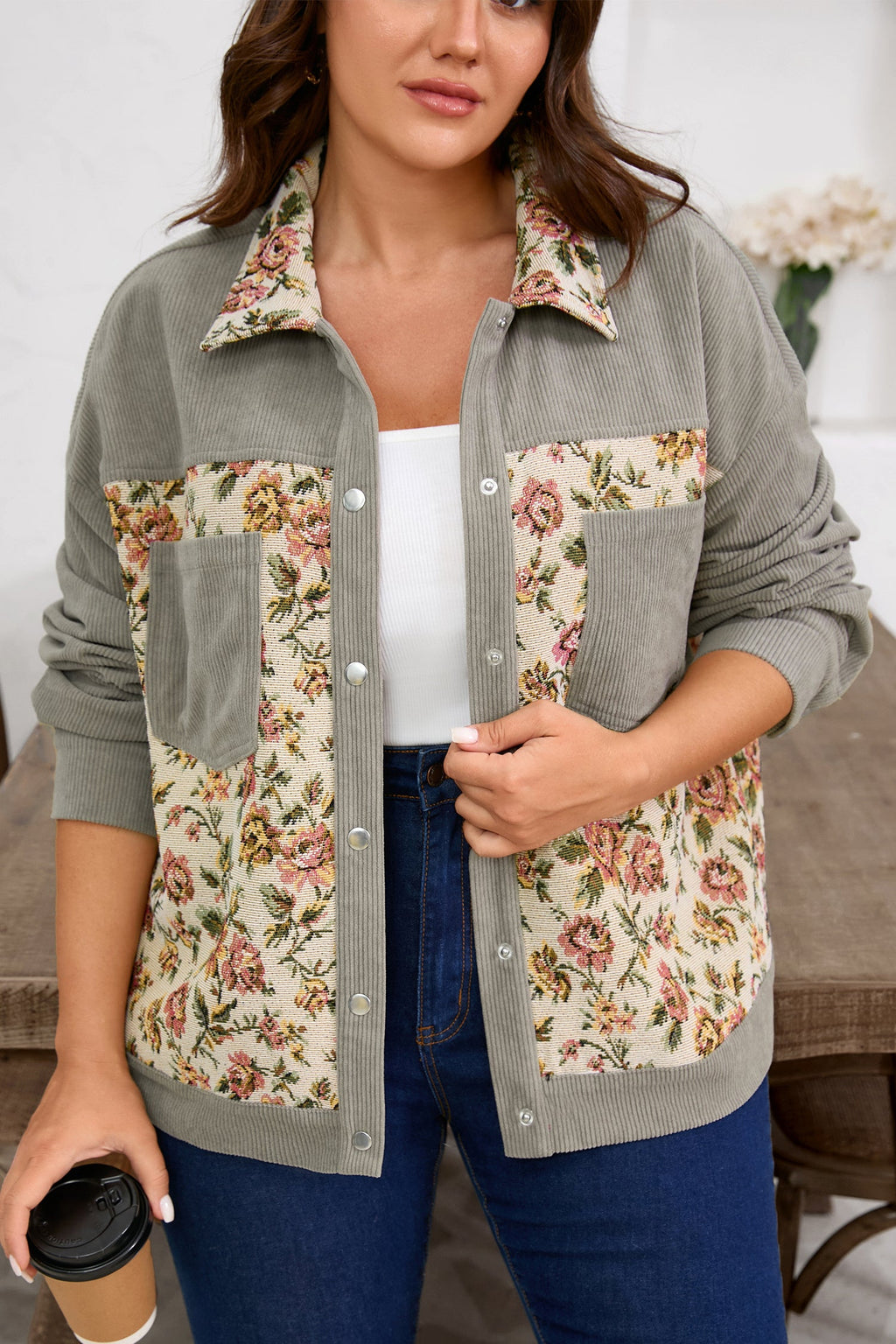 Plus Size Floral Patchwork Corduroy Pocketed Jacket