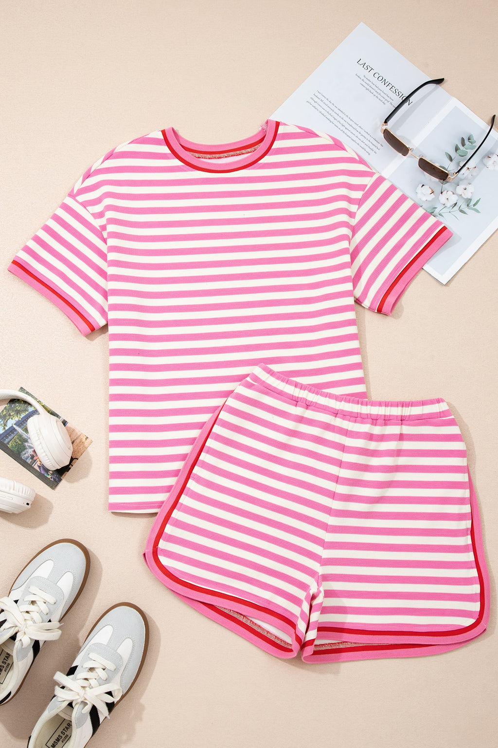 Matilda Trim Short Sleeve Set - Striped Knit Loungewear in Pink