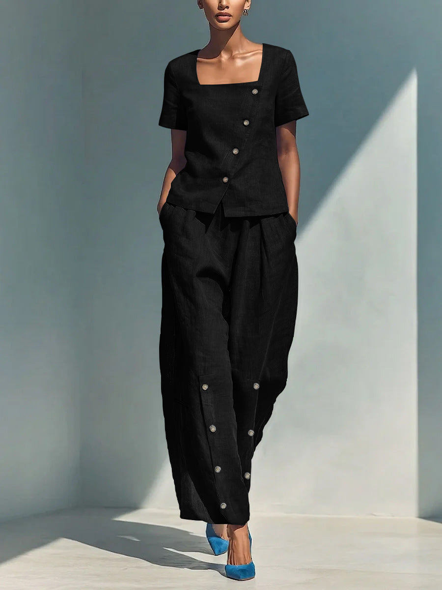 Women's Short Sleeve Square Neck Top and Buttoned Pant Set - Image 6
