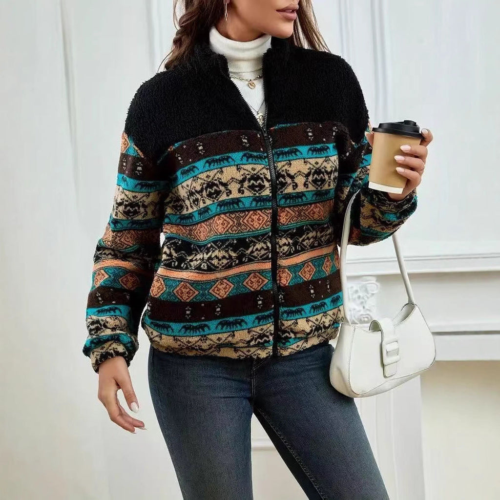 Women's Black Double-Sided Plush Zip-Up Cardigan - Stand Collar Winter Jacket