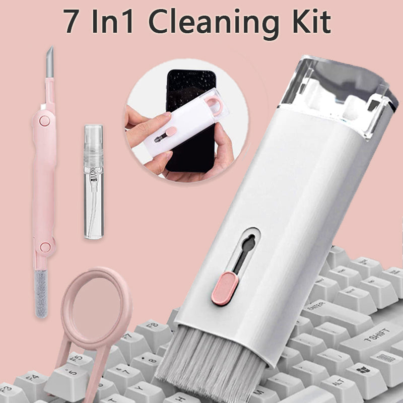 A 7-in-1 electronics cleaning kit including a brush, cleaning pen, and microfiber cloth for keyboard and earbuds.