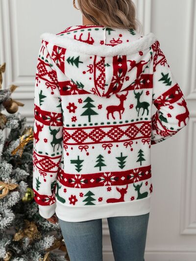 Women's White Zip-Up Hooded Jacket with Festive Christmas Prints
