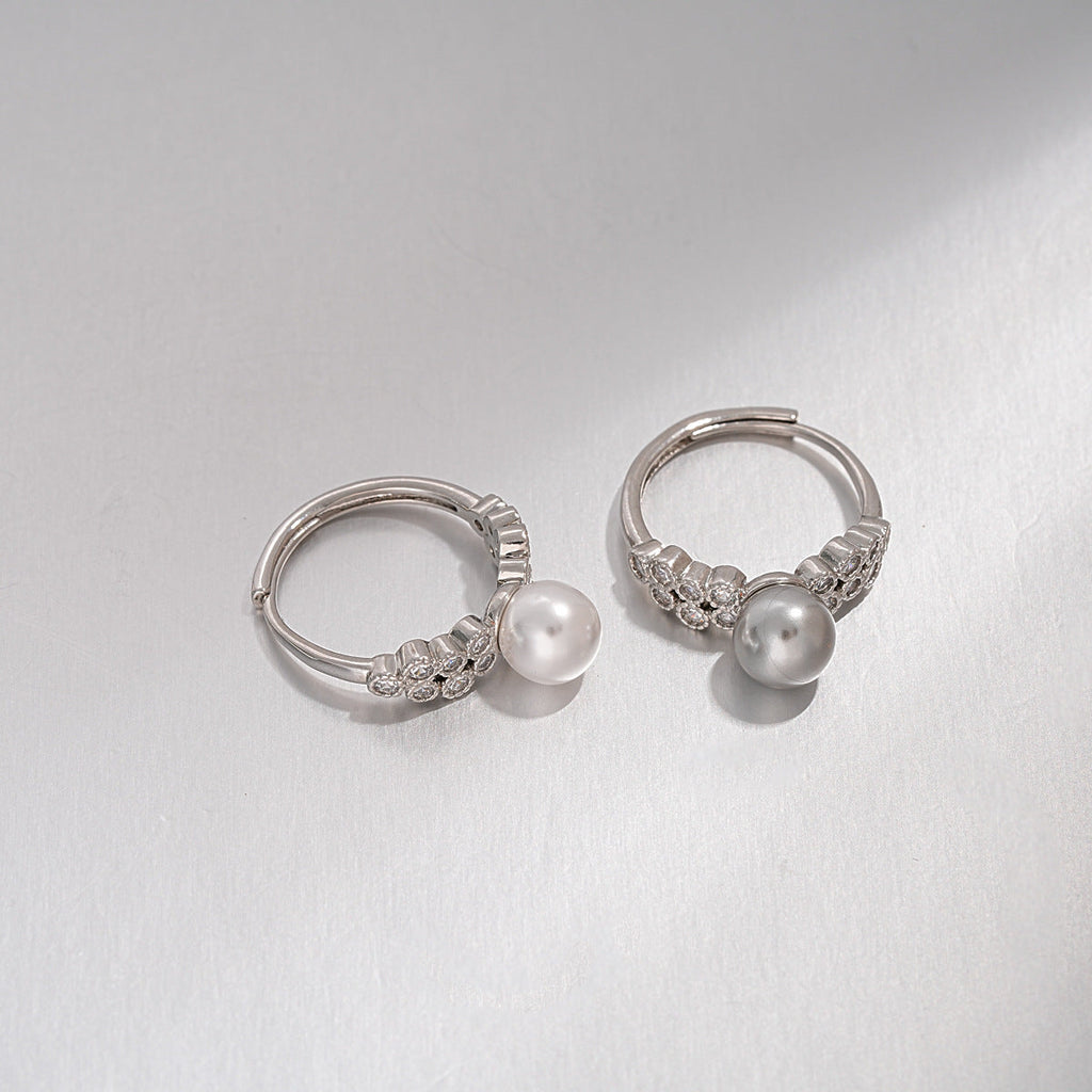 Women Open Adjustable Ring,French Retro Shiny Cubic Zirconia Pearl Inlaid Finger Ring,Niche Delicate Versatile Fashion Index Finger Jewelry