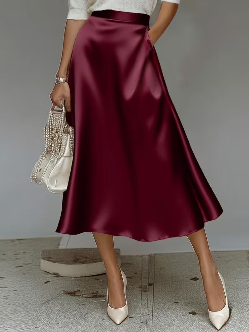 Women's Satin Mid-Length A-Line Skirt – High Rise Pull-On Style