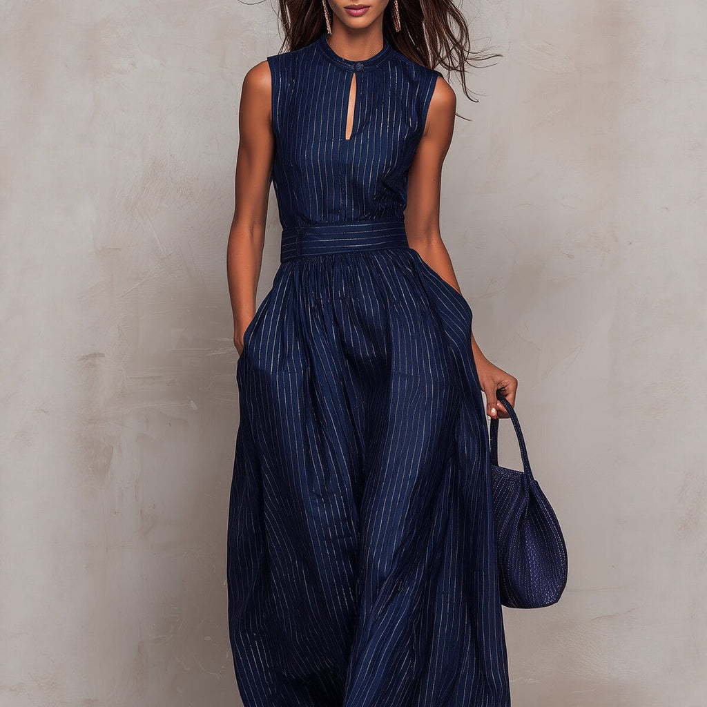 Navy Blue Sleeveless Striped Wide-Leg Jumpsuit with Pockets - Image 4