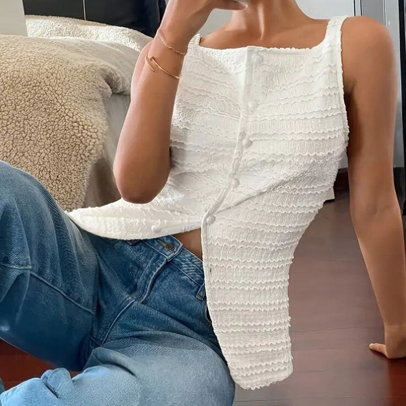 White Square Neck Button Up Vest Trendy Y2K Sleeveless Top - Image 3
