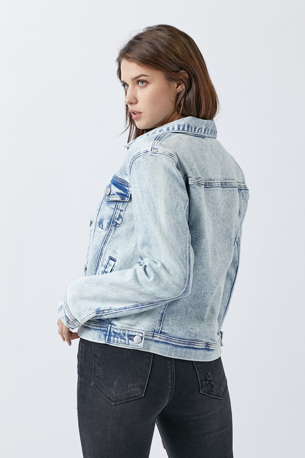 Women's Blue Washed Button Up Jacket with Pocket Detail