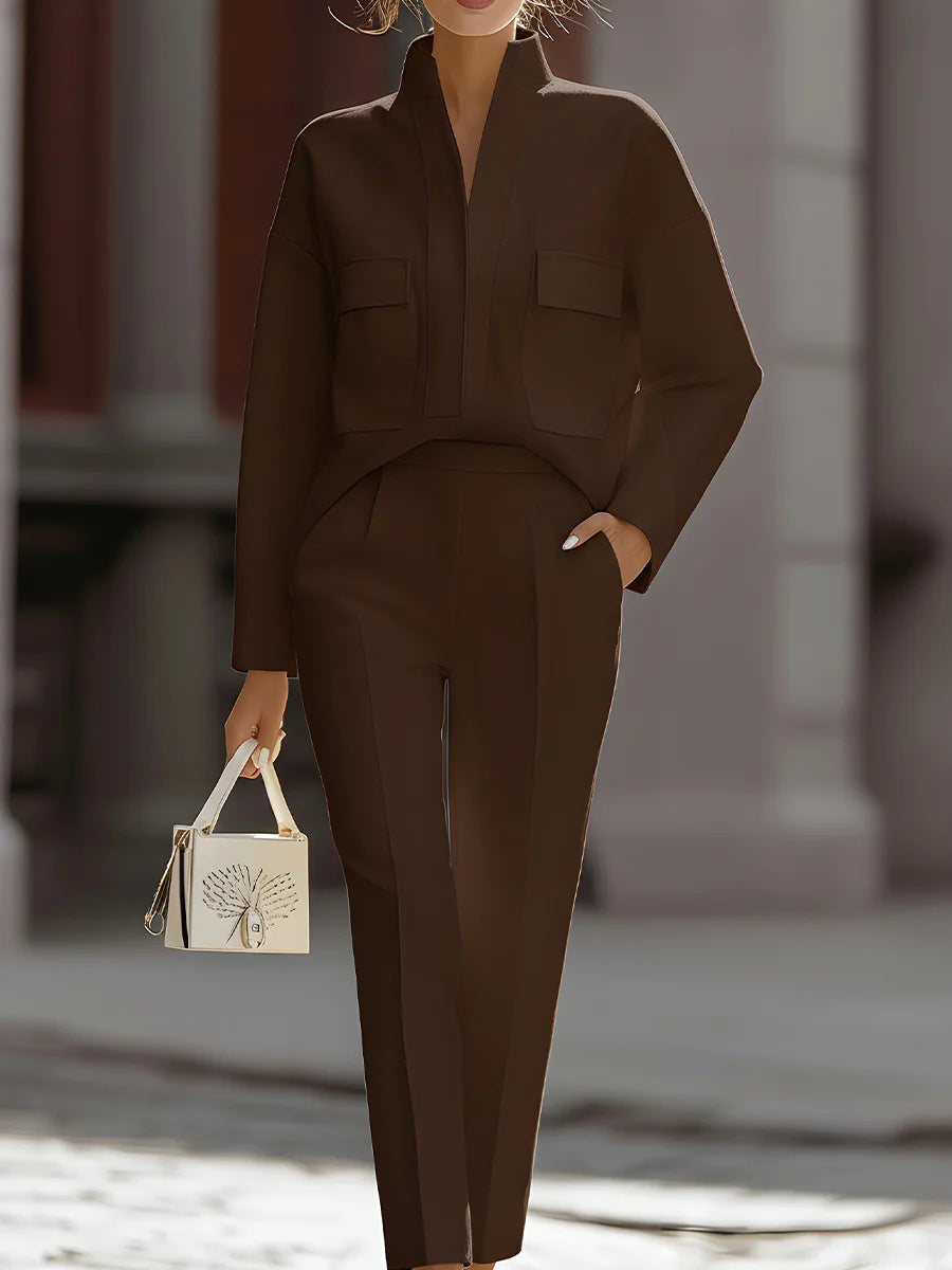 Women's White Long-Sleeve Pocket Top and Trouser Matching Set - Image 6