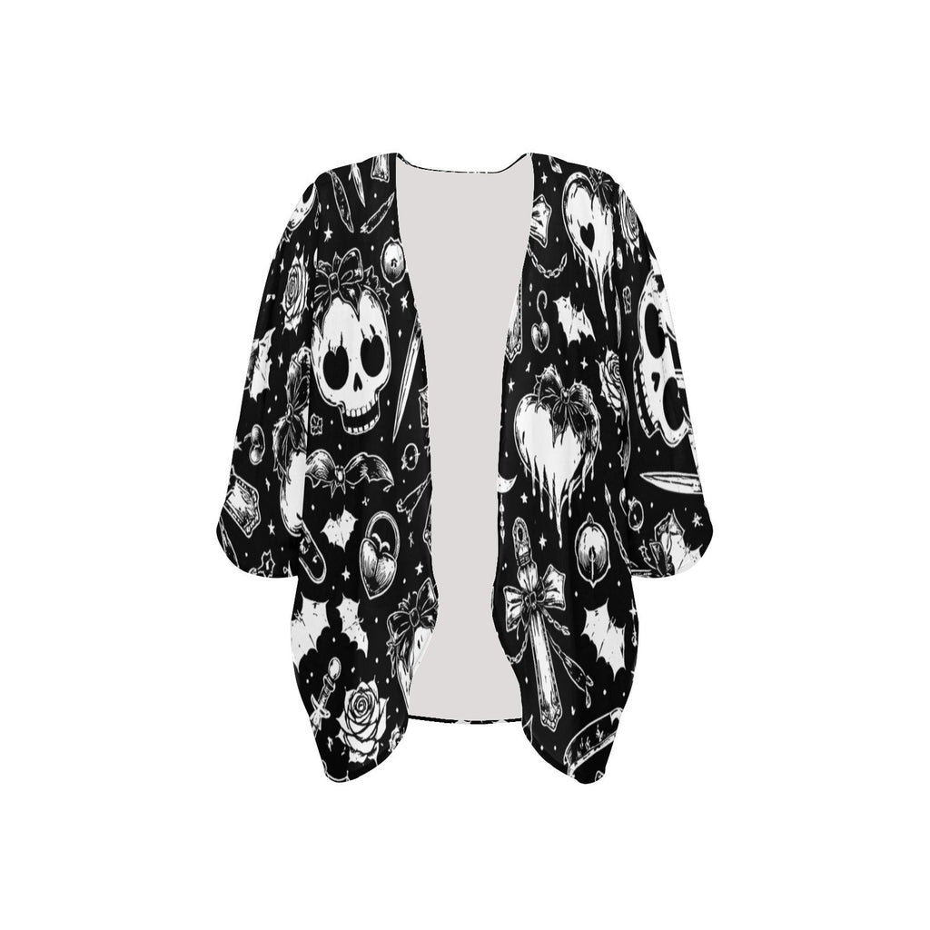 Women's Goth Skull Print Chiffon Kimono Lightweight Cover Up - Image 3