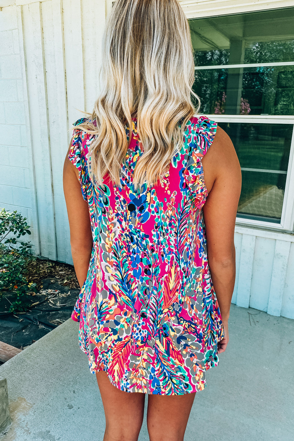Rosy Boho Abstract Print Ruffle Sleeveless Babydoll Shirt