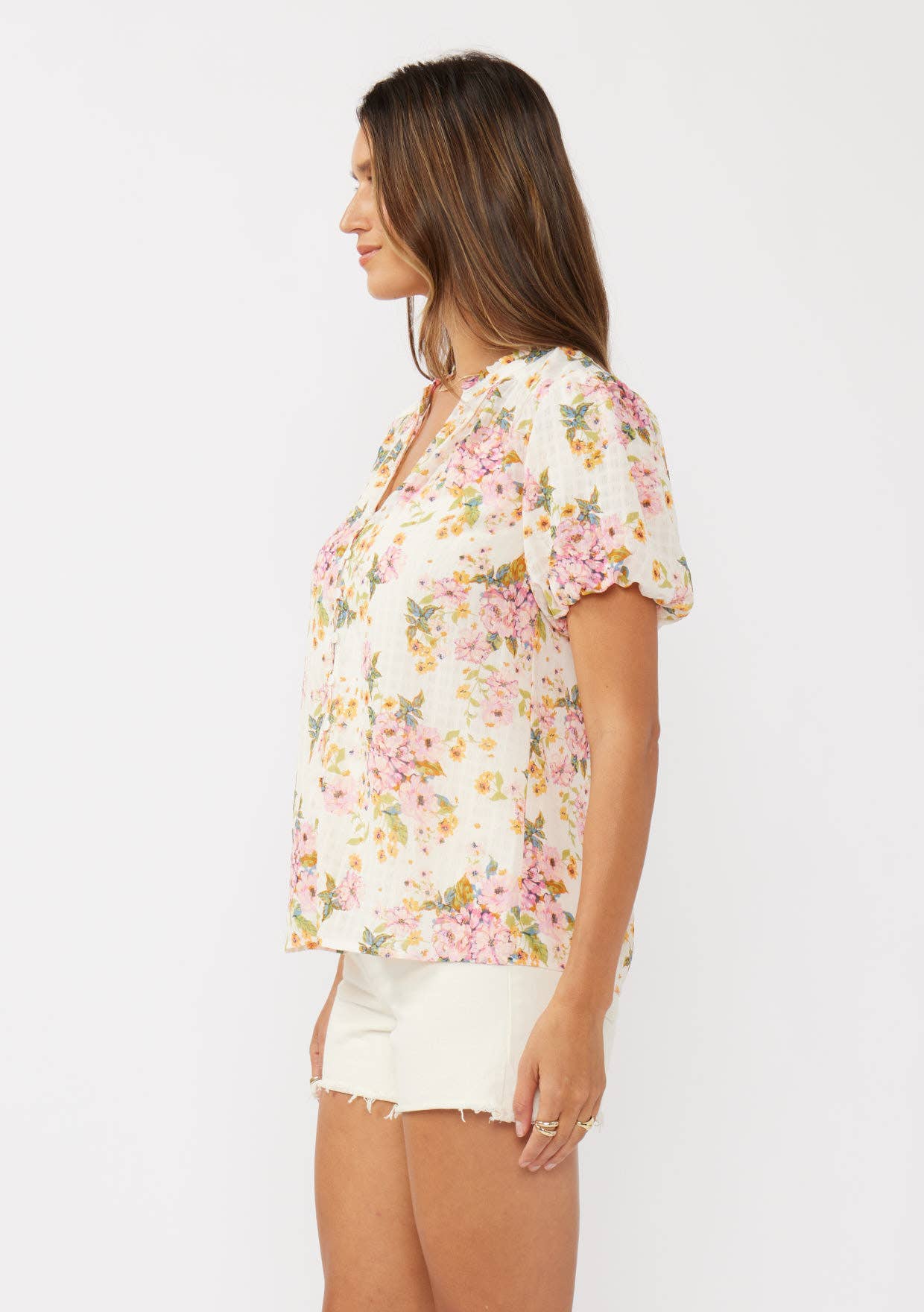 Floral Puff Sleeve Button-Down Top in Natural and Dusty Pink
