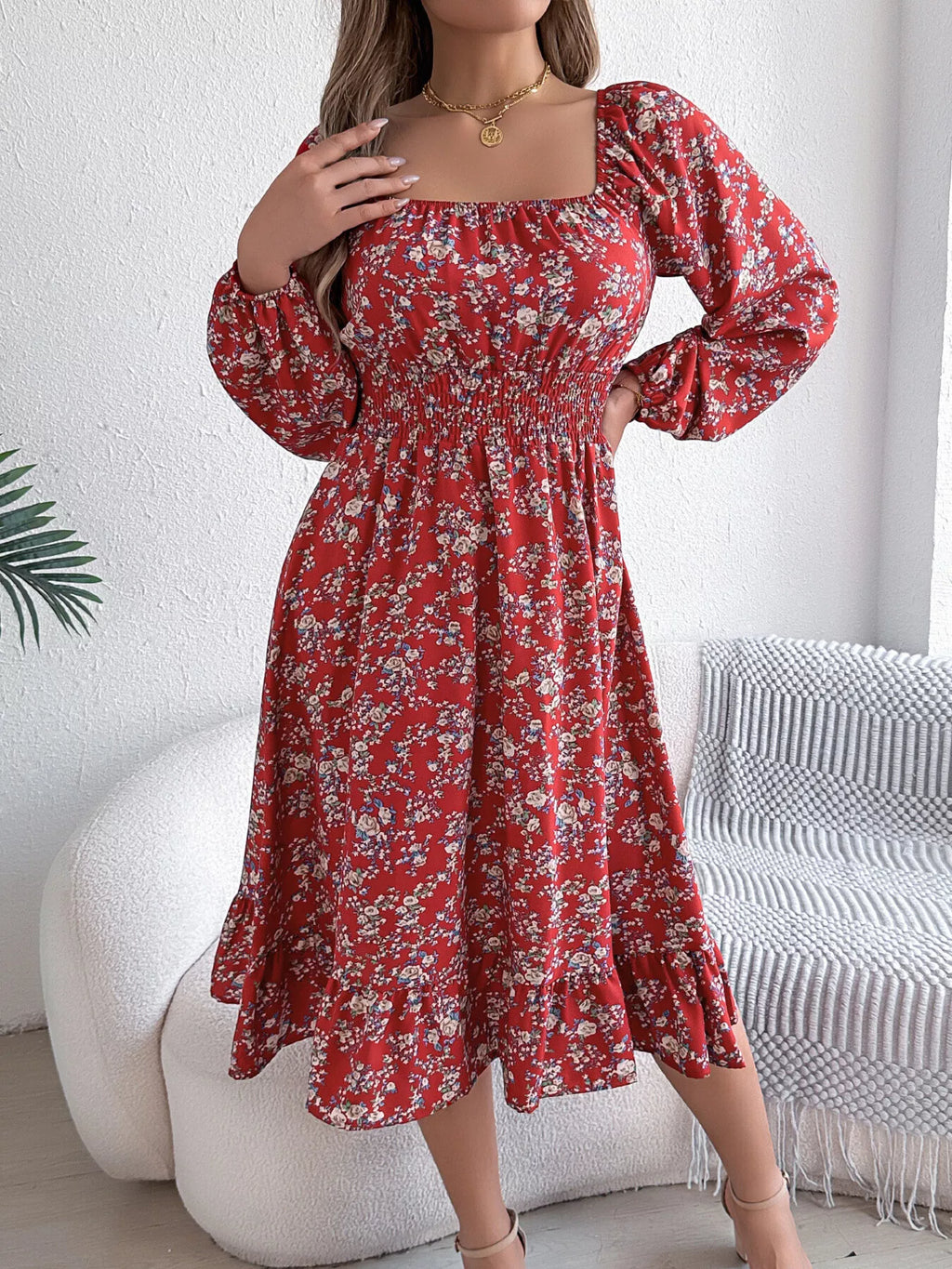 Floral Print Long Sleeve Square Neck Midi Dress
