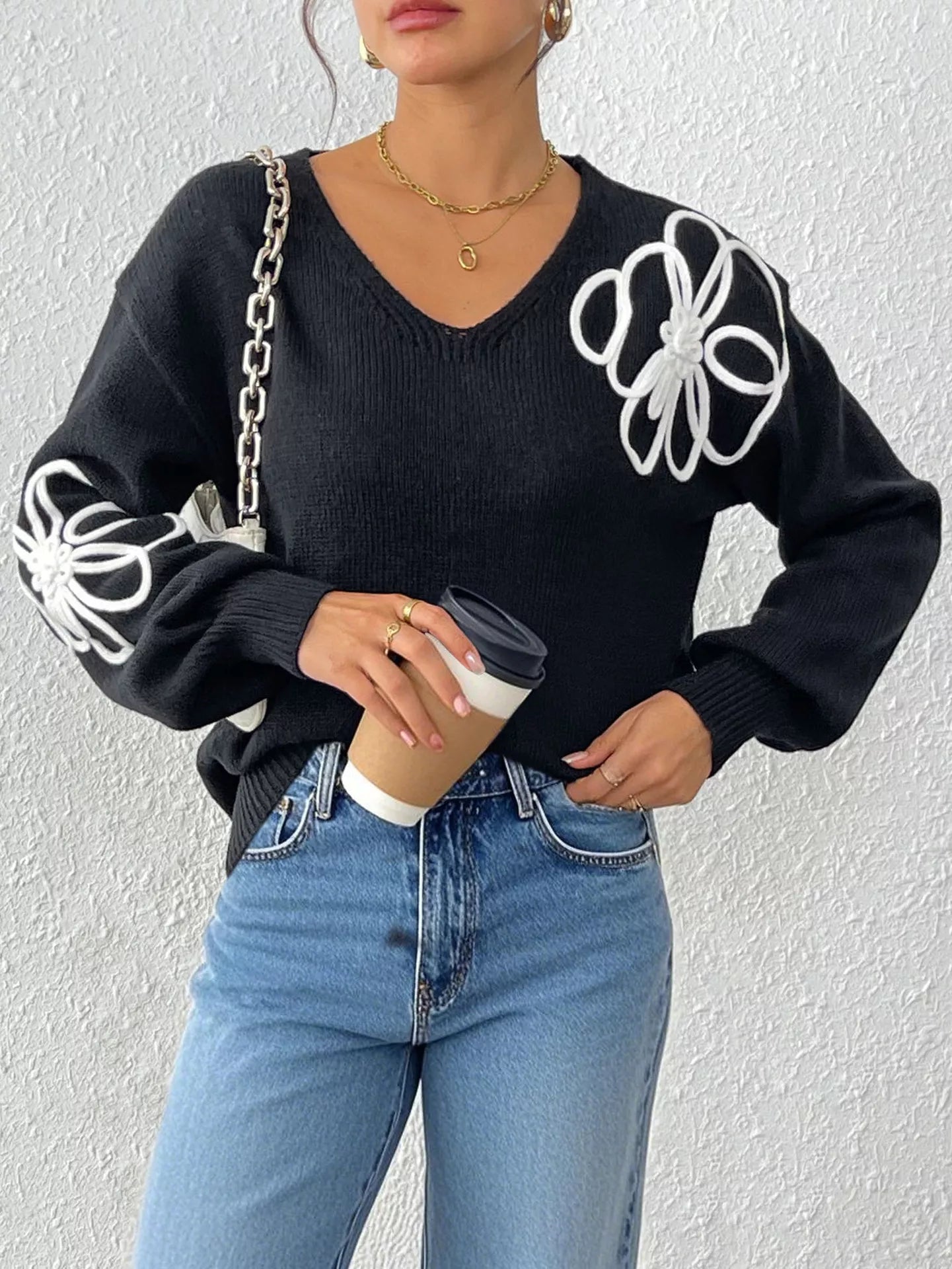 Flower V-Neck Long Sleeve Sweater