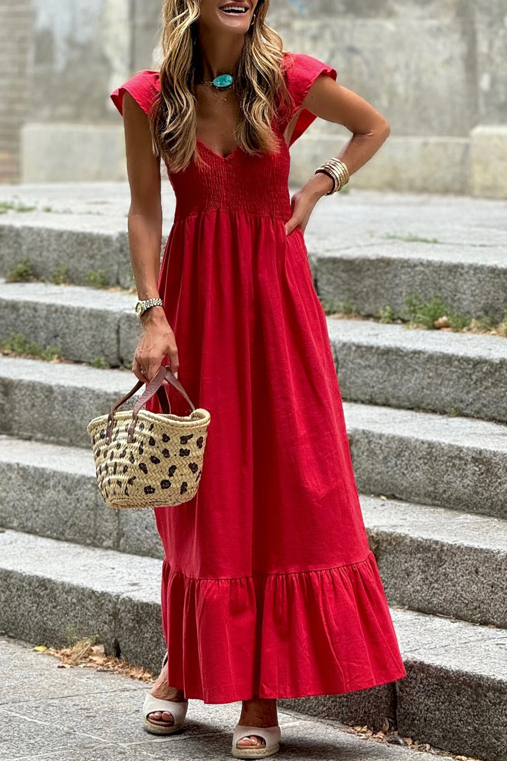 Fiery Red Cotton V-Neck Flutter Sleeve Maxi Dress