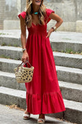 Fiery Red Cotton V-Neck Flutter Sleeve Maxi Dress