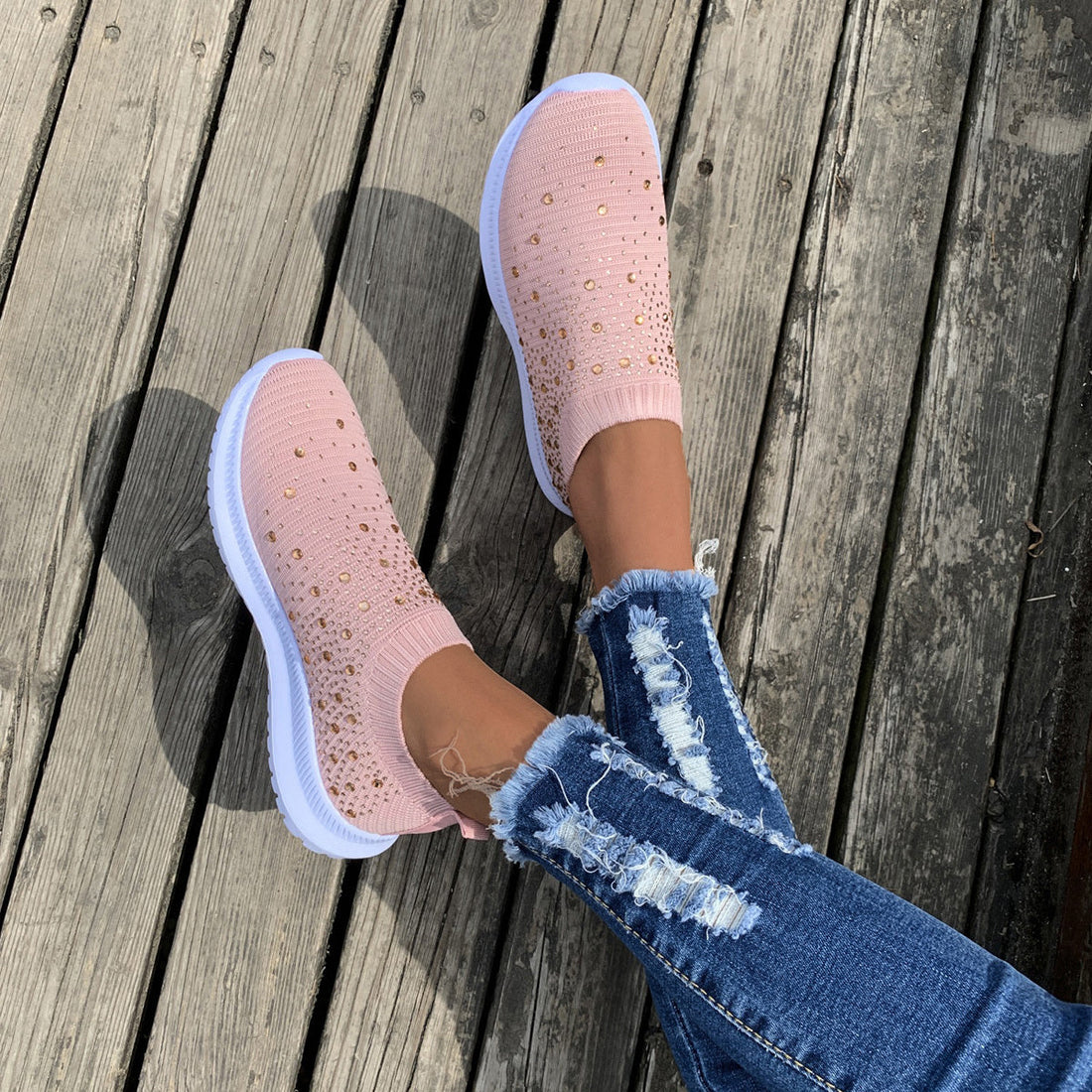 Women's Rhinestone Rainbow Color Block Breathable Mesh Sneakers - Image 20