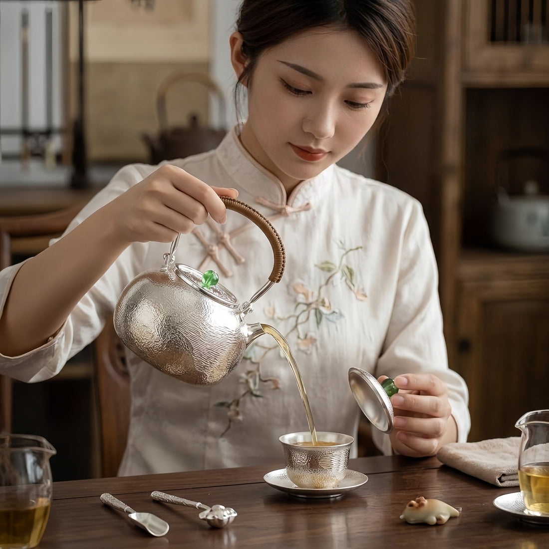 999 Fine Silver Handcrafted Textured Teapot with Rattan Handle