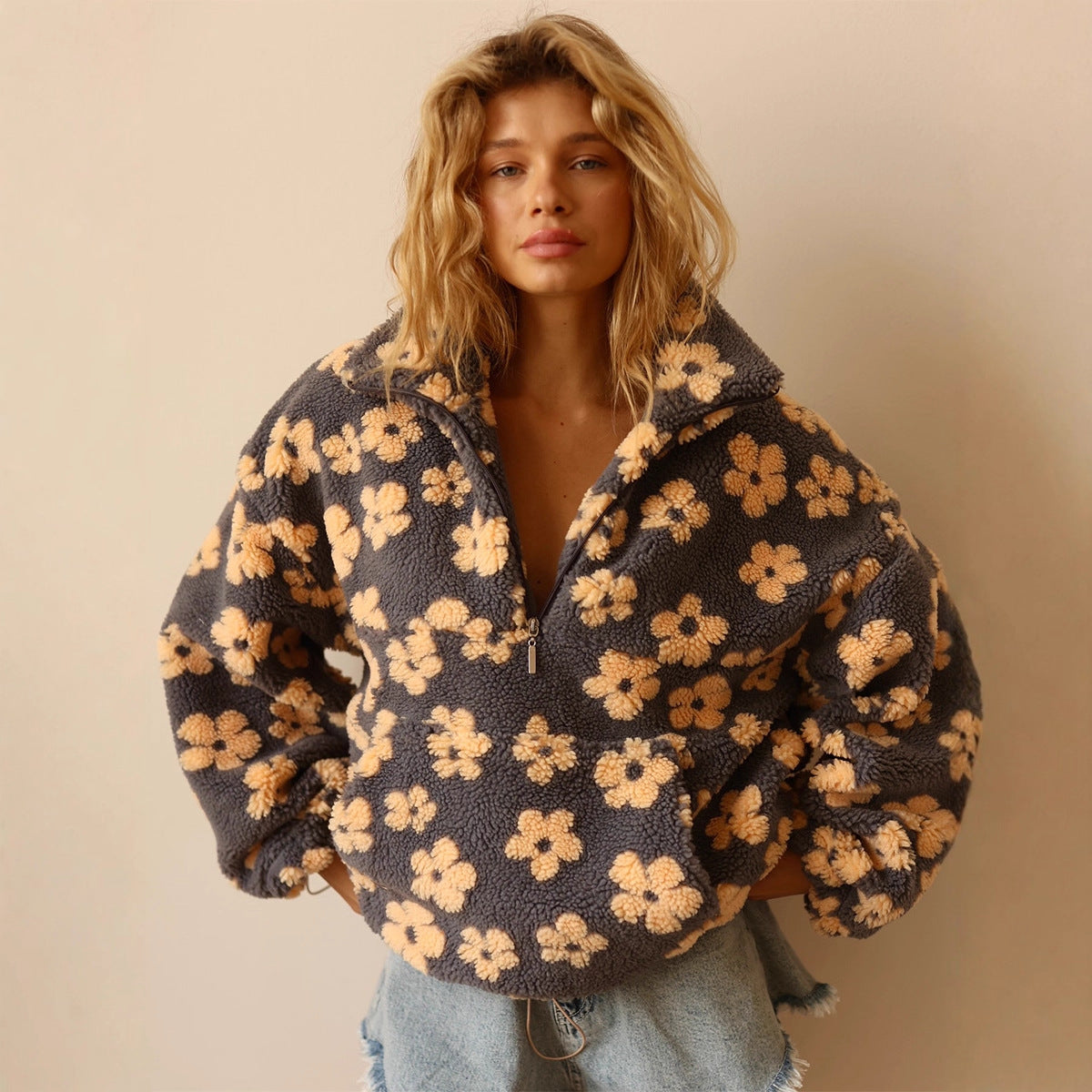 Winter Flowers Fleece Pullover Womens Cozy Zip Up Floral Sweatshirt - Image 3