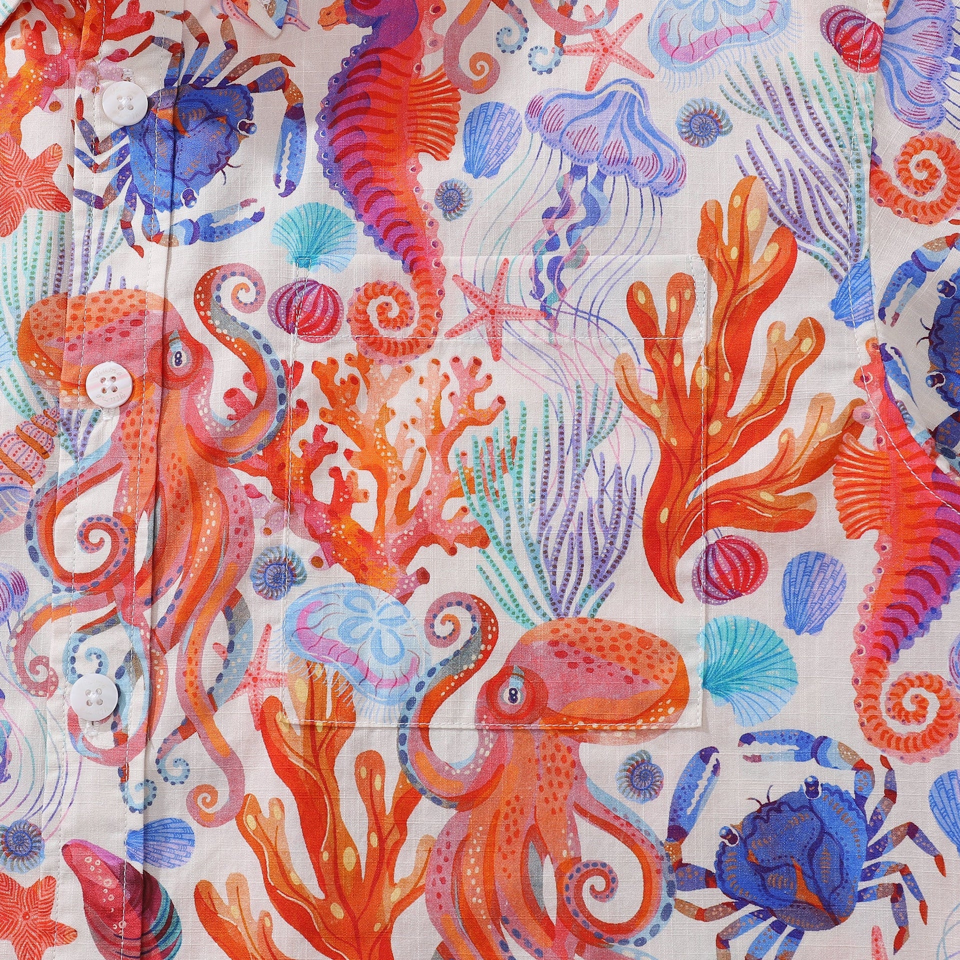 Men's Ocean Life Print Cotton Button-Down Short Sleeve Aloha Shirt