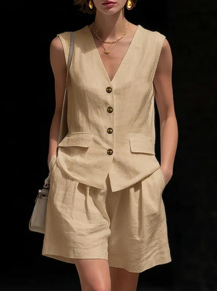 Women Cotton Linen Sleeveless Button Vest and Shorts Set - Image 7