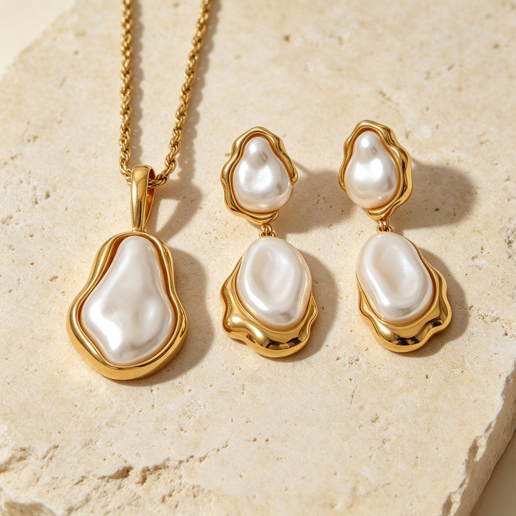 Women Irregular Faux Baroque Pearl 2Pcs Jewelry Set, Twisted Chain Necklace Double Drop Earrings PVD Gold Plated For Daily Wedding Gift