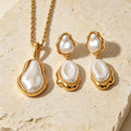 Women Irregular Faux Baroque Pearl 2Pcs Jewelry Set, Twisted Chain Necklace Double Drop Earrings PVD Gold Plated For Daily Wedding Gift