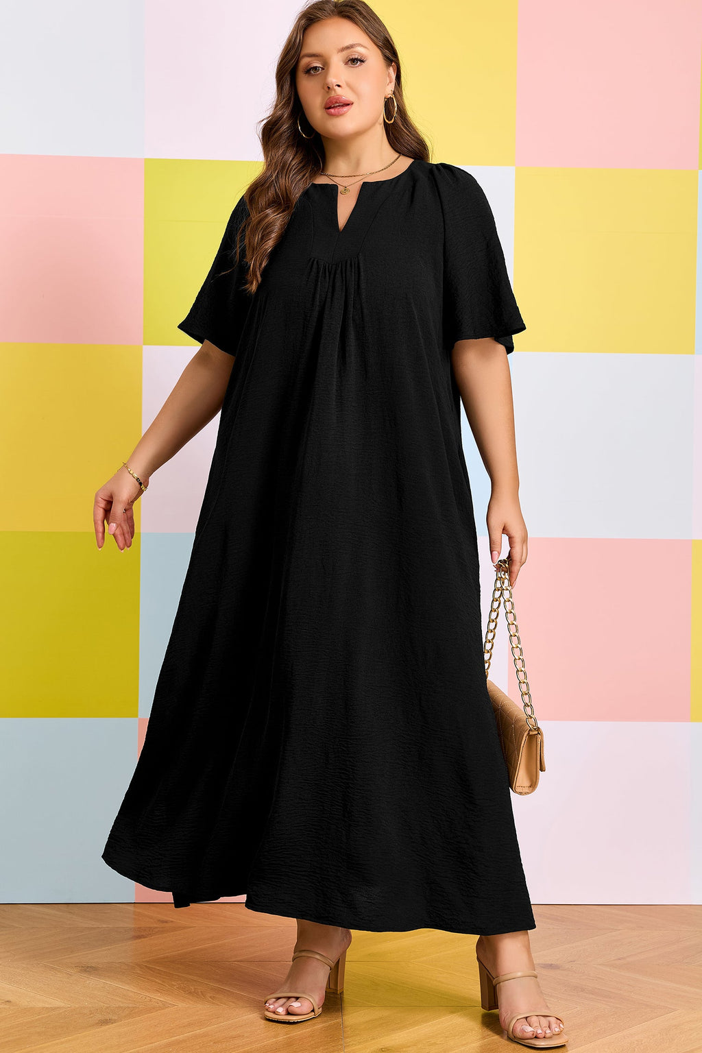 Plus Size Solid Notched Neck Short Sleeve Dress