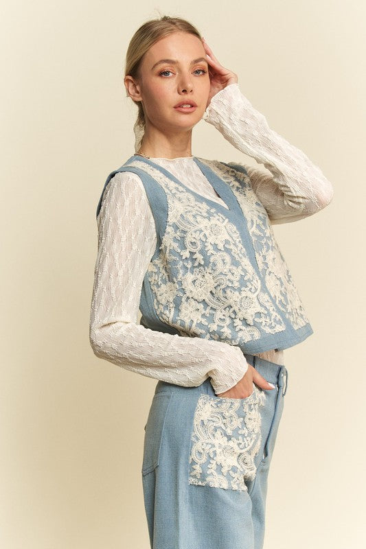 Davi & Dani Lace Patch Denim Vest | Open Front Cropped