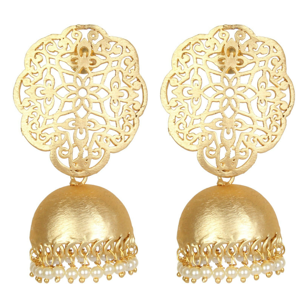 Matte Gold Brass Jhumka Earrings with Intricate Handcrafted Detail