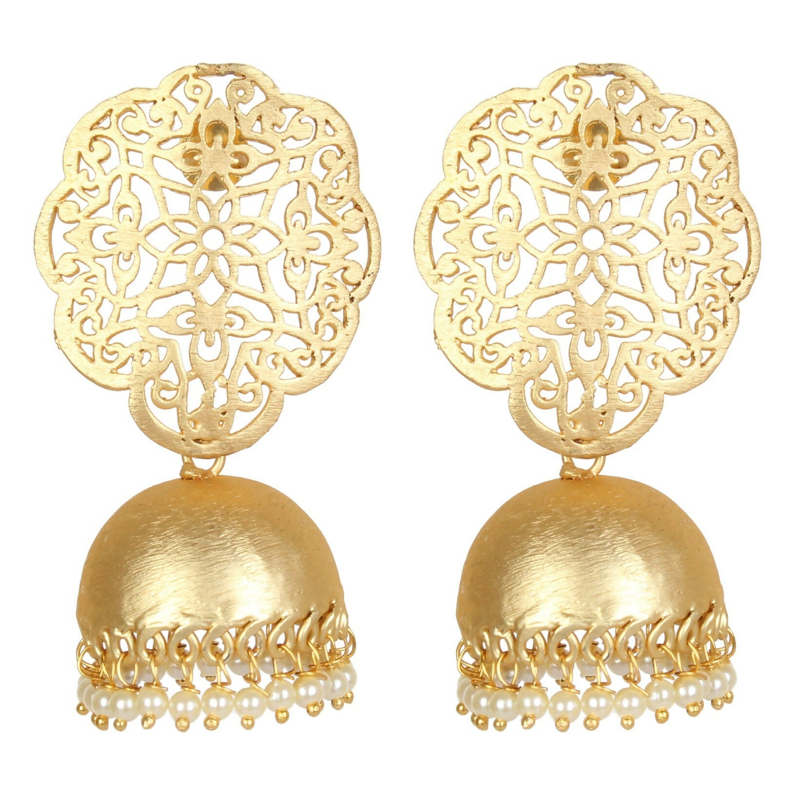 Matte Gold Brass Jhumka Earrings with Intricate Handcrafted Detail
