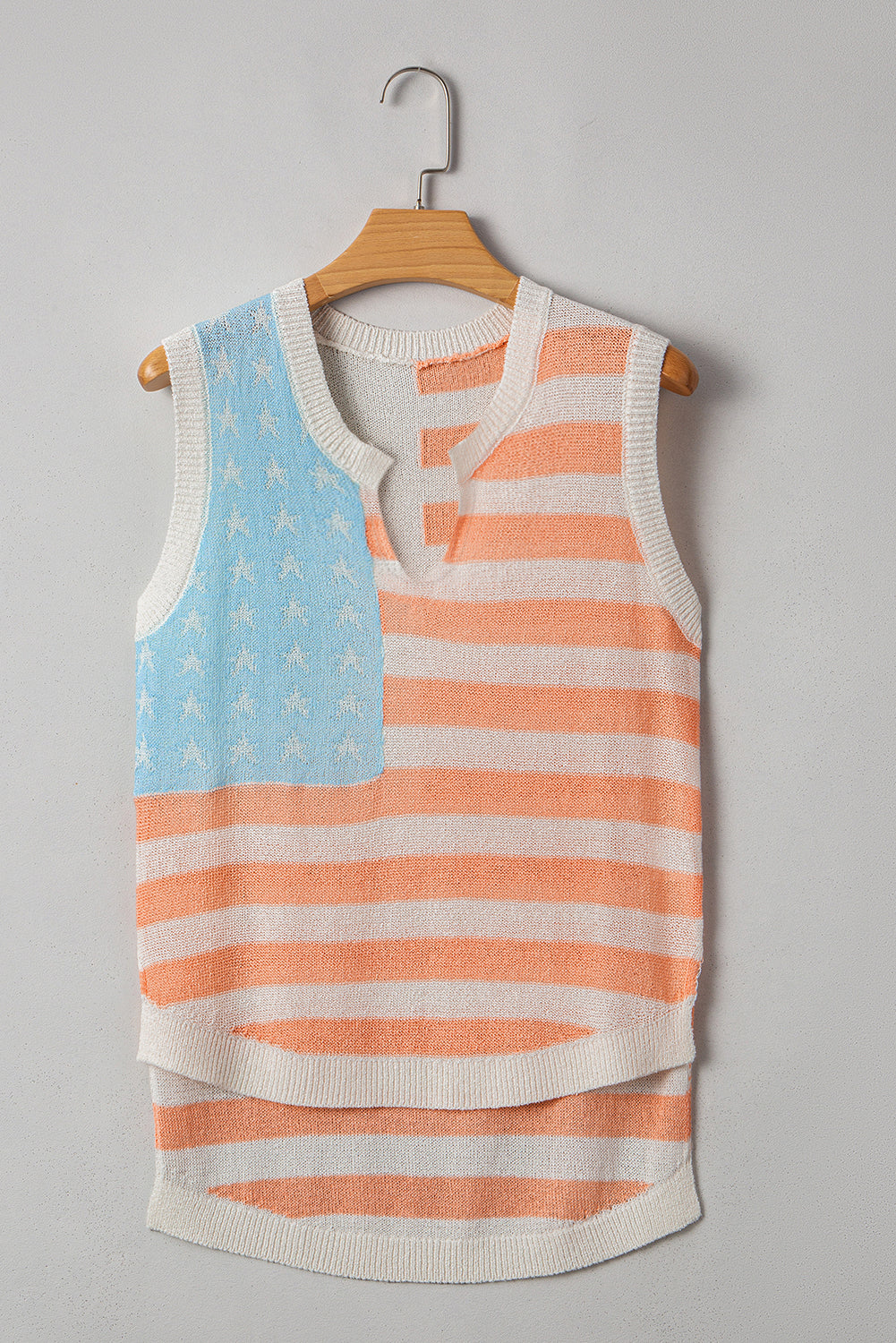 Pink Stripe USA Flag Notched Neckline Loose Knit Vest