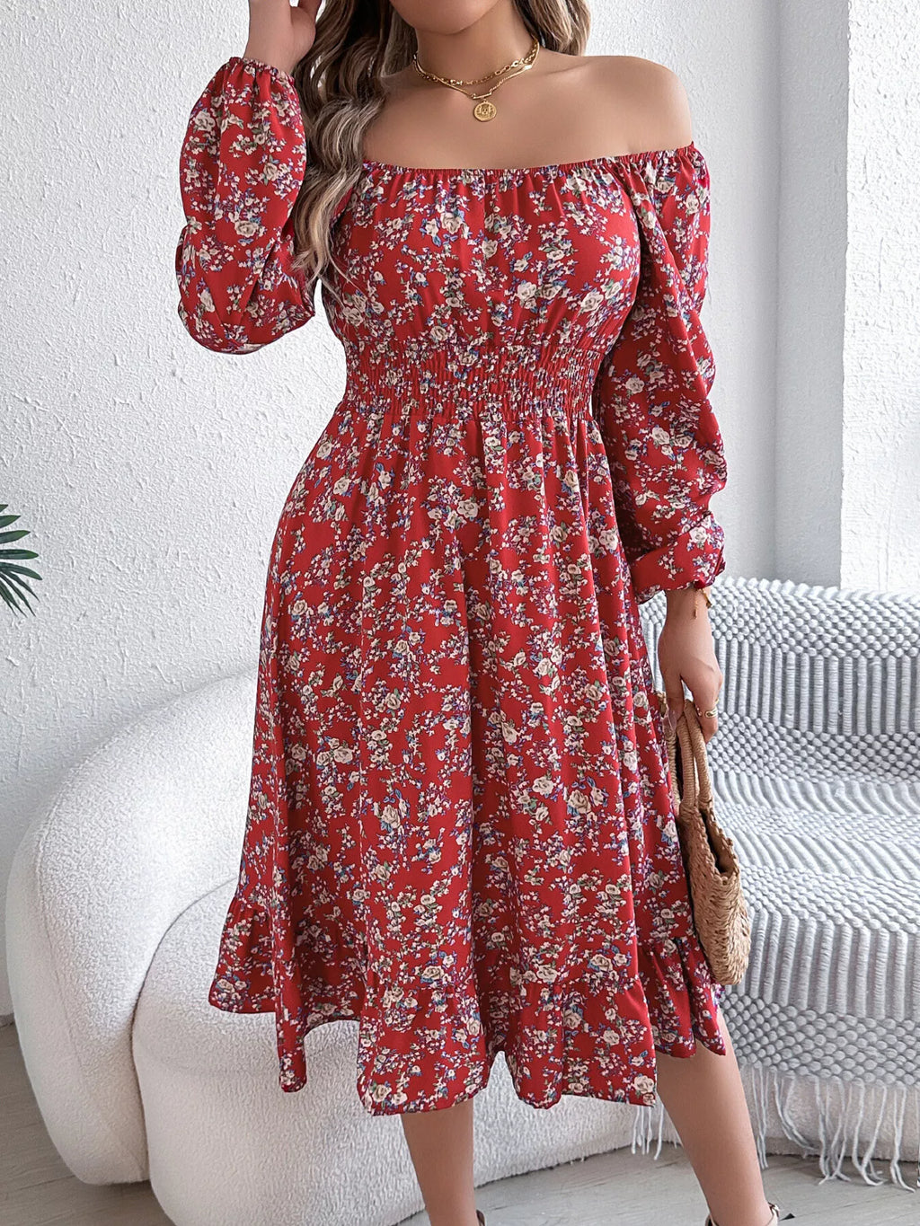 Floral Print Long Sleeve Square Neck Midi Dress