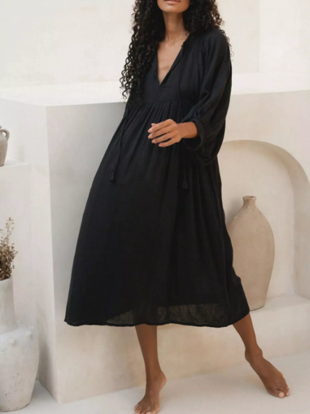 Tie Neck 3/4 Sleeve Midi Dress