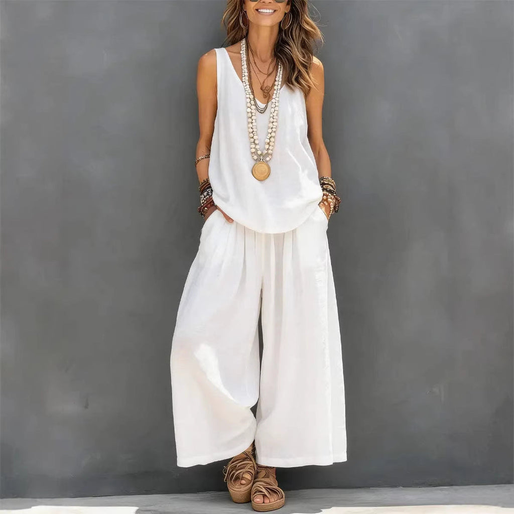 Women's Cotton Linen Sleeveless Tank Top and Wide-Leg Pants Set - Image 2