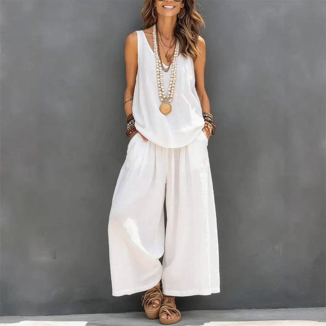 Women's Cotton Linen Sleeveless Tank Top and Wide-Leg Pants Set - Image 2