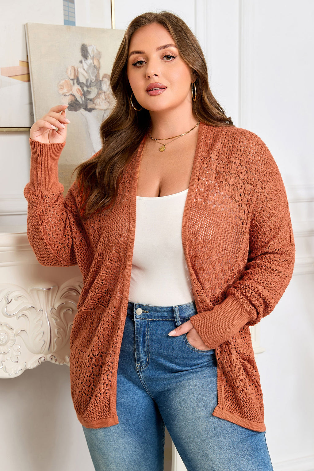 Plus Size Solid Pointelle Knit Open Front Cardigan