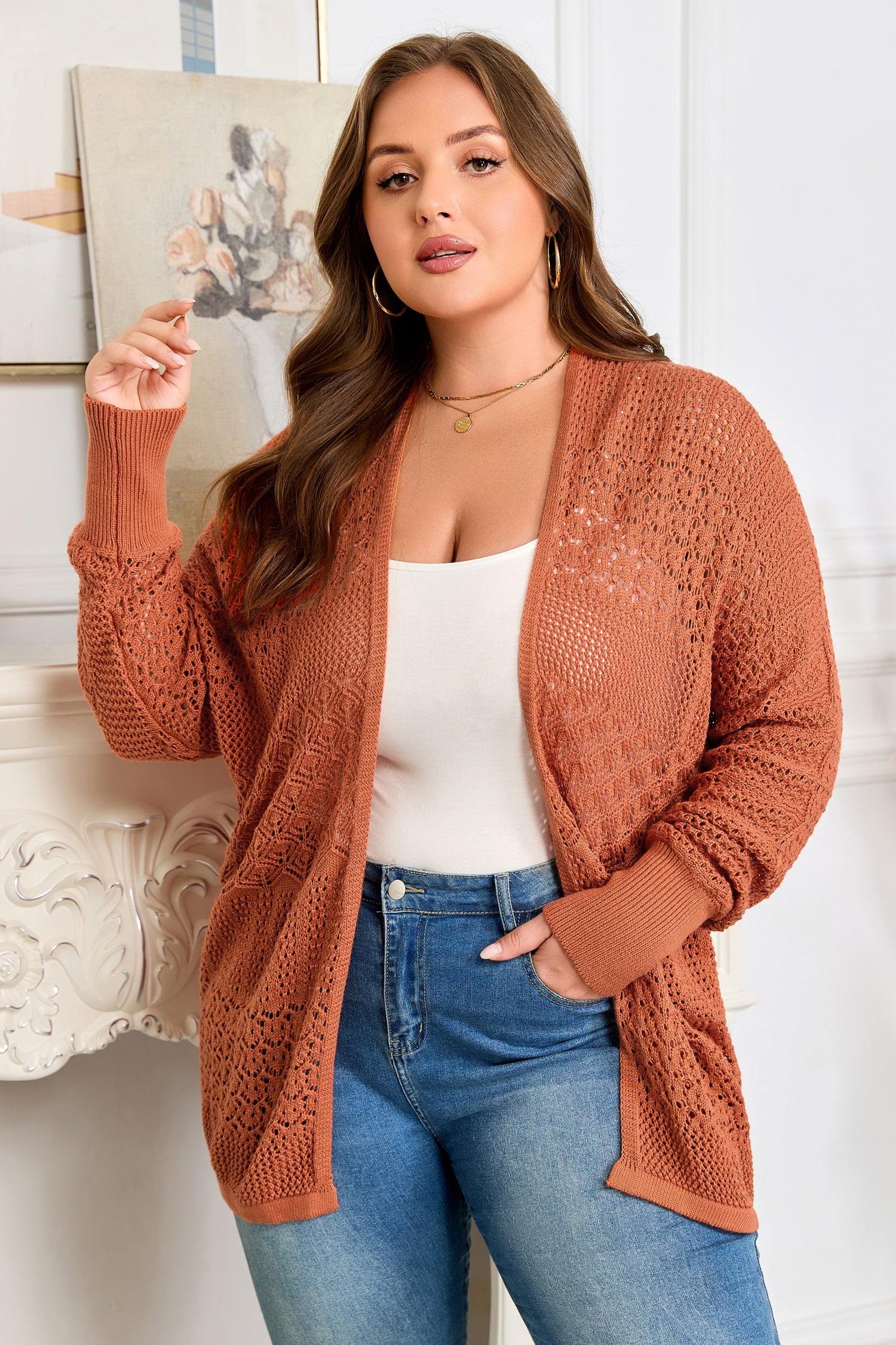 Plus Size Solid Pointelle Knit Open Front Cardigan