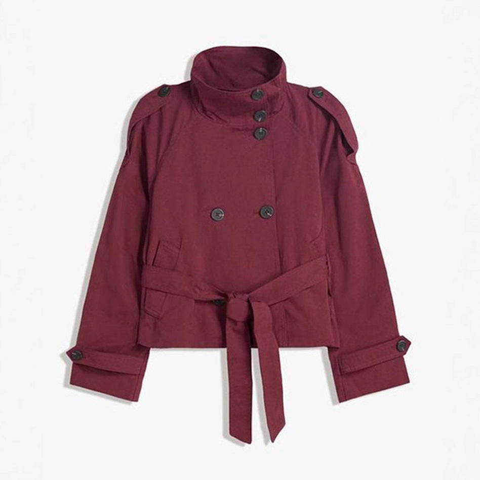 Women's Short Trench Coat with Lace-Up Waist Detail - Image 5