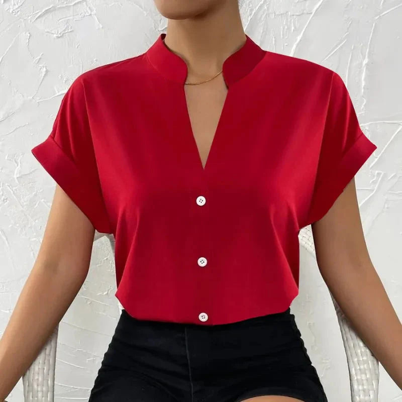 Women's Satin V-Neck Short Sleeve Blouse Elegant Casual Shirt - Image 10