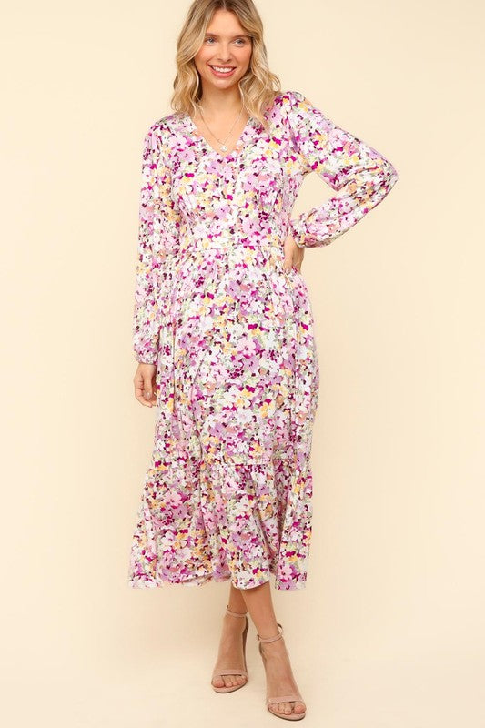 Lilac Floral V-Neck Long Sleeve Dress with Side Pockets