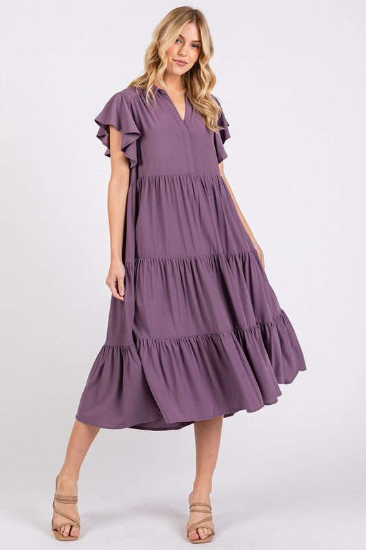 Ruffle Sleeve Collared V Neck Tiered Midi Dress