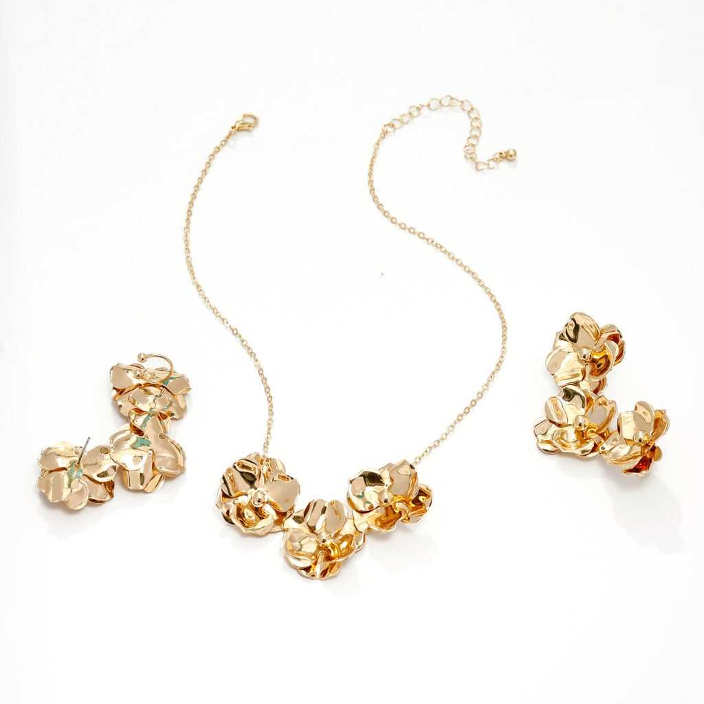 Golden Flower Necklace And Earrings For Women