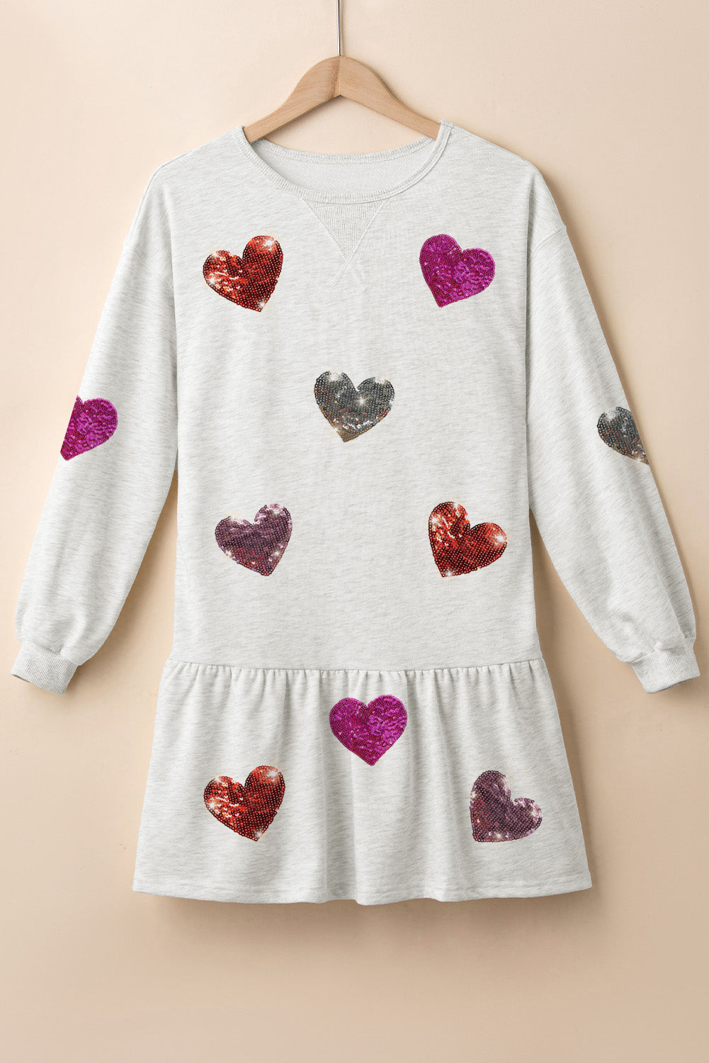 Girls Heart Round Neck Long Sleeve Knit Mini Dress in Pink & Grey