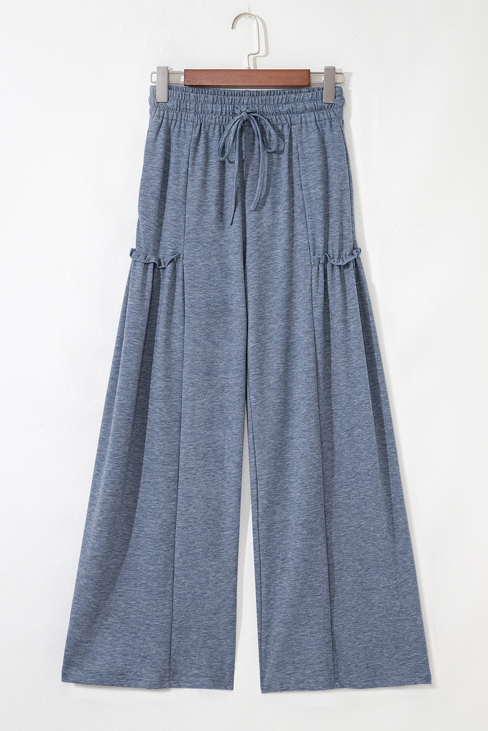 Willow high-waisted knit pants in blue with drawstring elastic waistband and wide leg silhouette